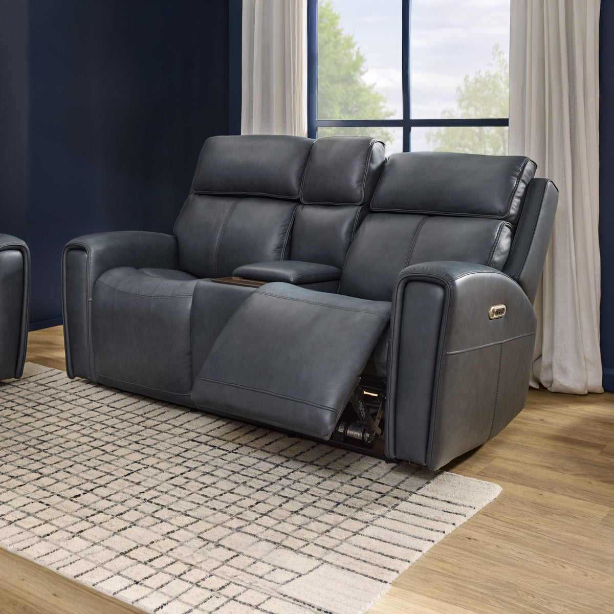 Warren Leather Power Reclining Loveseat with Console, Power Headrest & Lumbar in True Navy