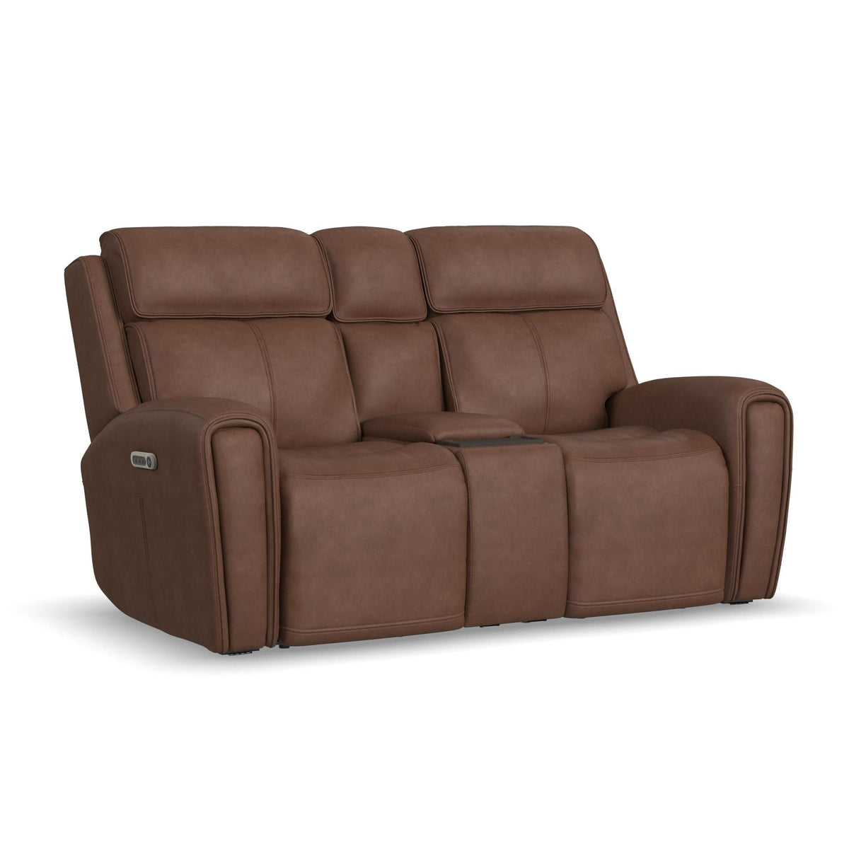 Warren Leather Power Reclining Loveseat with Console, Power Headrest & Lumbar in Classic Brown