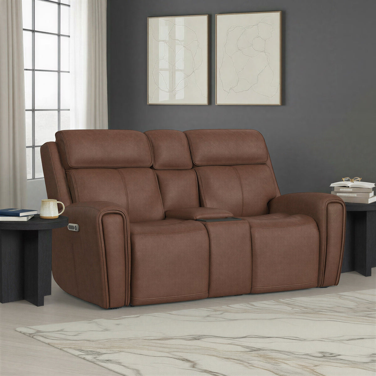 Warren Leather Power Reclining Loveseat with Console, Power Headrest & Lumbar in Classic Brown