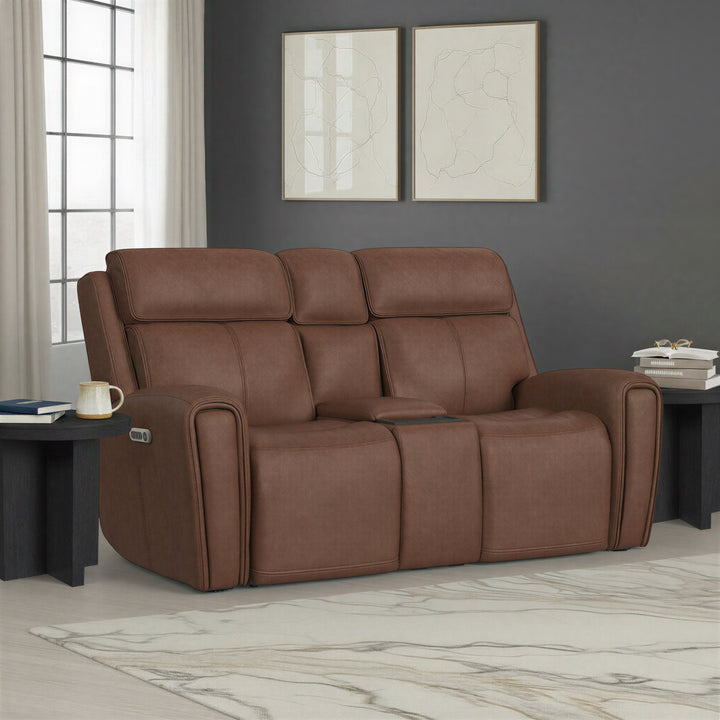 Warren Leather Power Reclining Loveseat with Console, Power Headrest &amp; Lumbar in Classic Brown