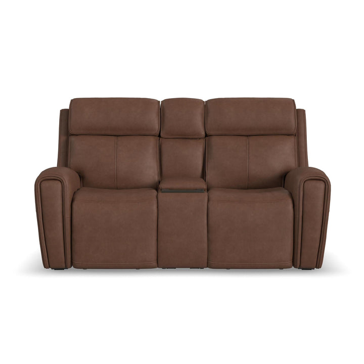 Warren Leather Power Reclining Loveseat with Console, Power Headrest &amp; Lumbar in Classic Brown