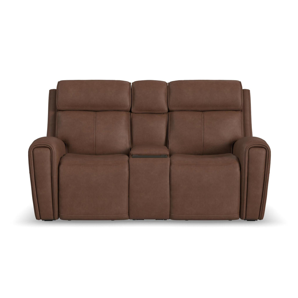 Warren Leather Power Reclining Loveseat with Console, Power Headrest & Lumbar in Classic Brown