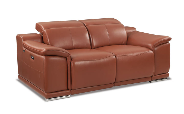 DivanItalia 9762 Top Grain Italian Leather Power Reclining Sofa, Loveseat and Chair Set with Adjustable Headrests - Camel