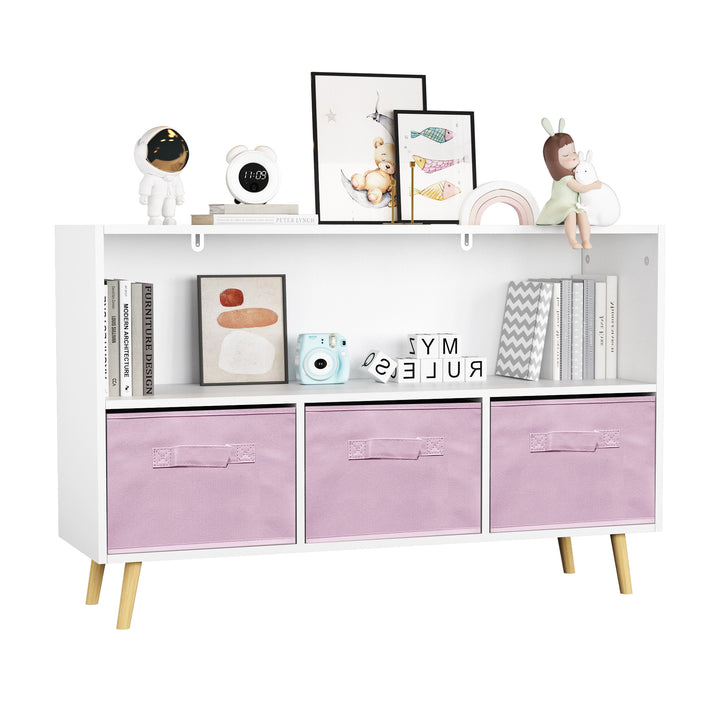 modern-kids-bookcase-with-collapsible-fabric-drawers-childrens-book-display-toy-storage-white-pink-mdf-pine-legs