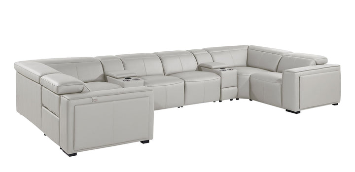 DivanItalia 1224 8-Piece U-Shaped Sectional Sofa in Top Grain Italian Leather with 4 Power Recliners &amp; Power Headrests – with Console - Light Gray