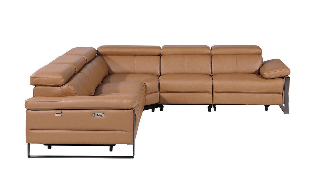 DivanItalia 1246 5-Piece L-Shaped Modular Power Reclining Sectional with Power Headrests – Top Grain Italian Leather - Cognac