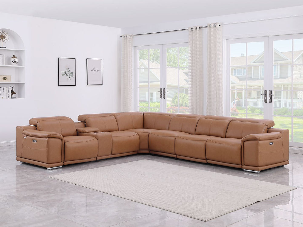DivanItalia 9762 7-Piece L Shaped Top Grain Italian Leather Sectional Sofa with 3 Power Recliners - Cognac