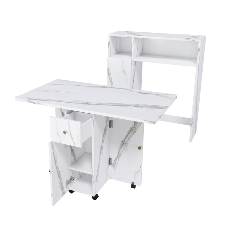 Folding Dining Table with Wall-Mounted Sideboard & Storage in White and Gray