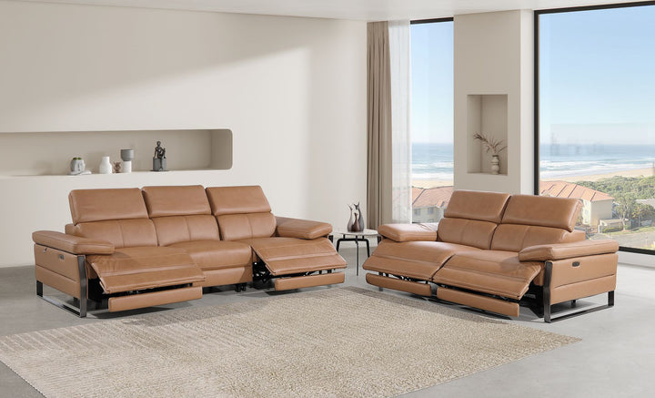 DivanItalia 1246 Modular Power Dual Reclining Sofa and Loveseat Set with Power Headrests – Top Grain Italian Leather - Cognac
