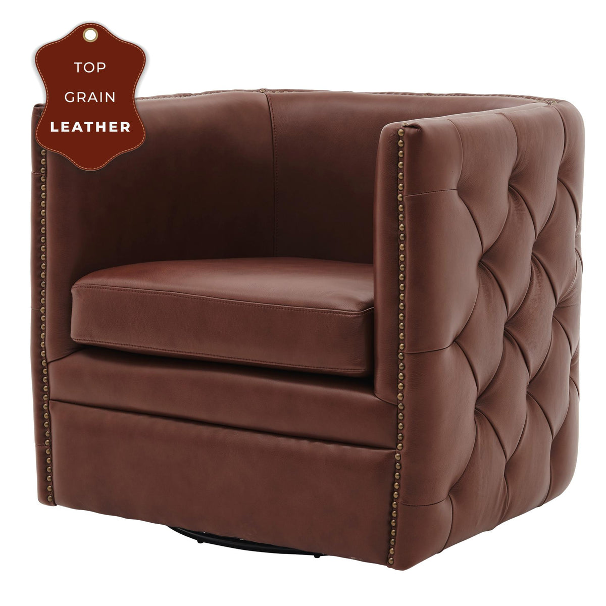 Leslie Top Grain Leather Swivel Tufted Accent Arm Chair - Garrett Brown
