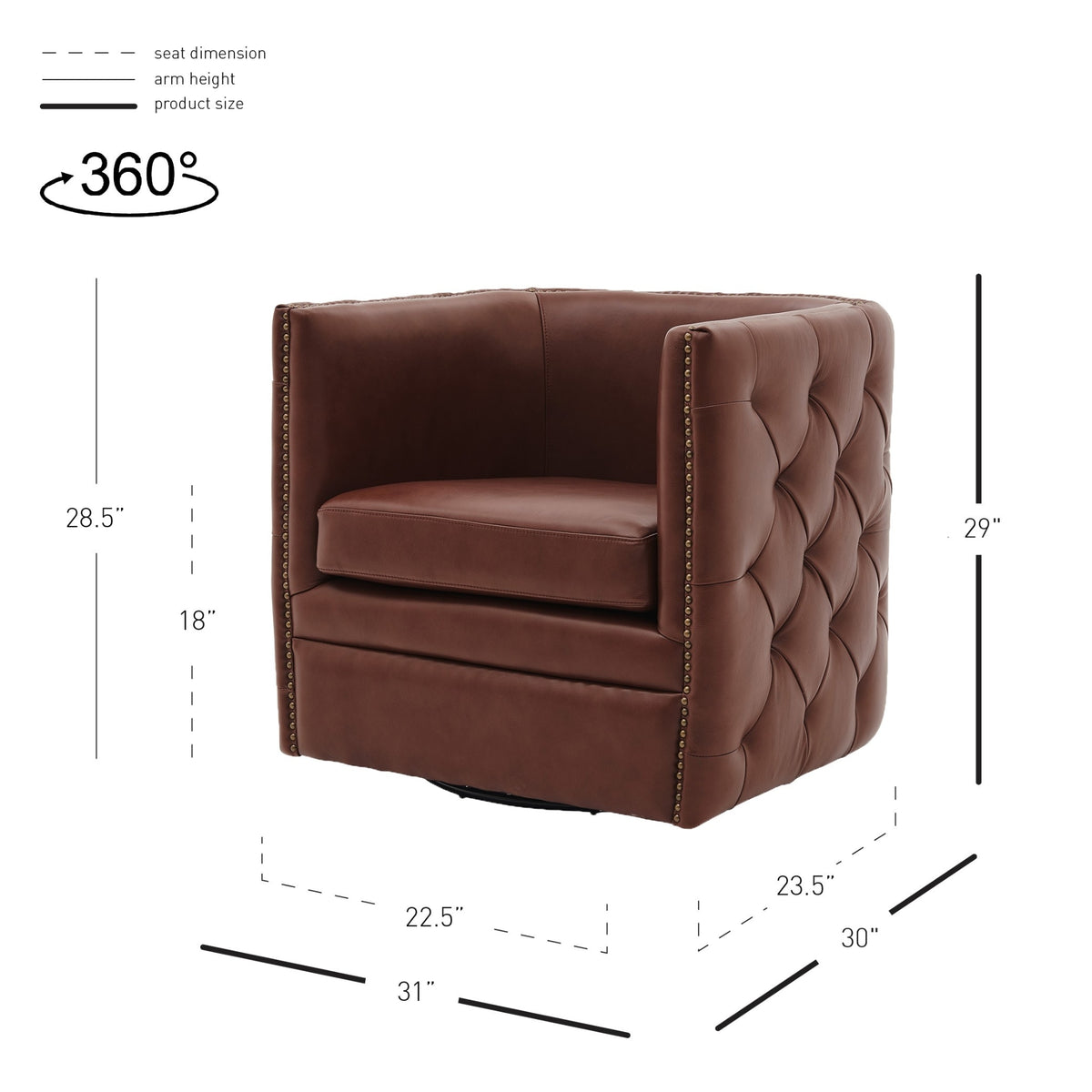 Leslie Top Grain Leather Swivel Tufted Accent Arm Chair - Garrett Brown - view 2