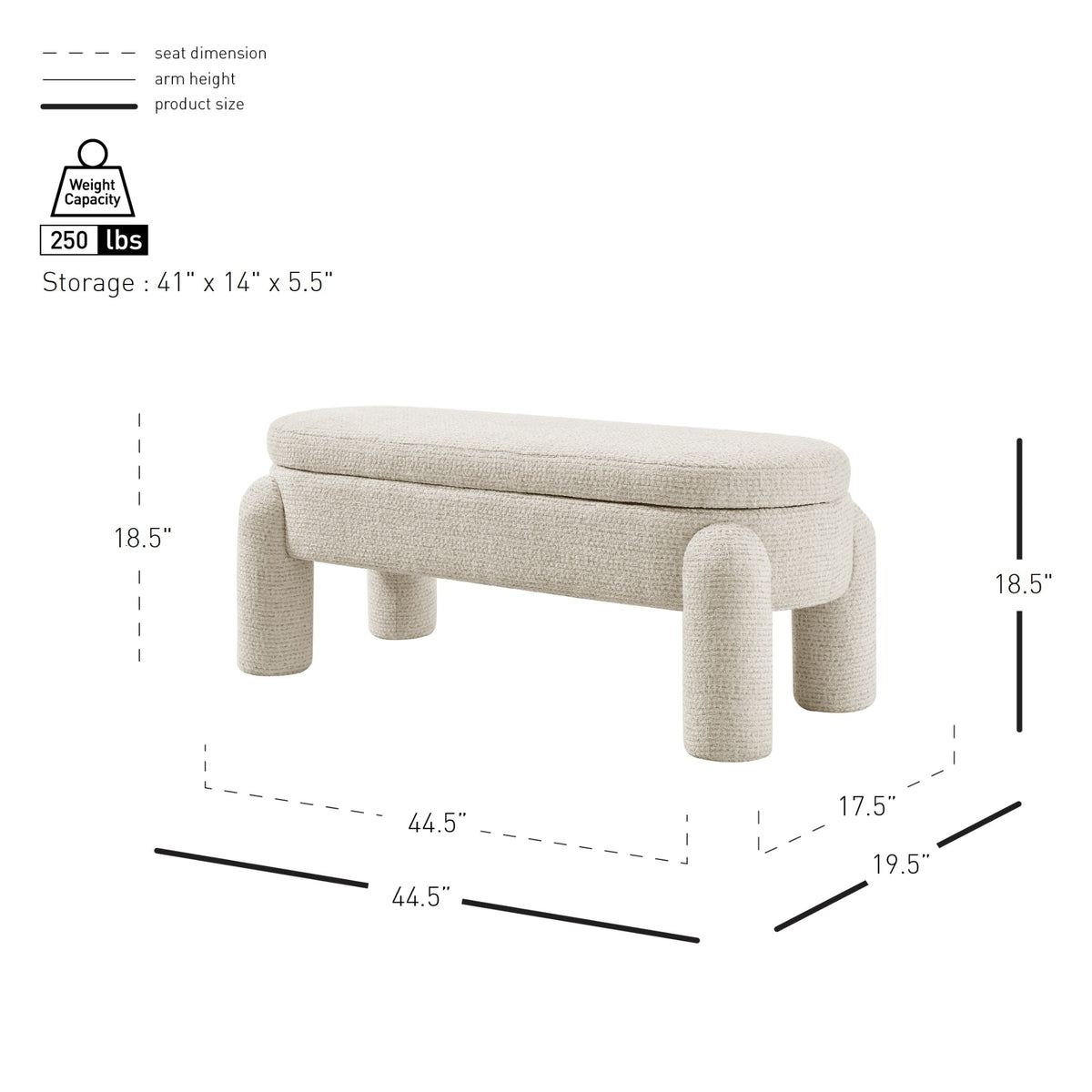 Bowden Chenille Storage Bench - Salzburg Beige - view 2