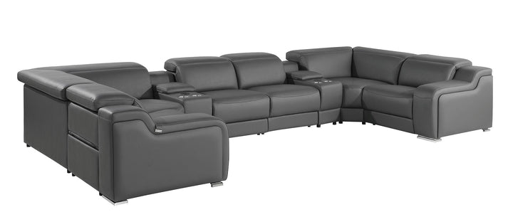 DivanItalia 1116 8-Piece U-Shaped Sectional Sofa in Top Grain Italian Leather with 2 Power Recliners &amp; Power Headrests – with Console - Dark Gray