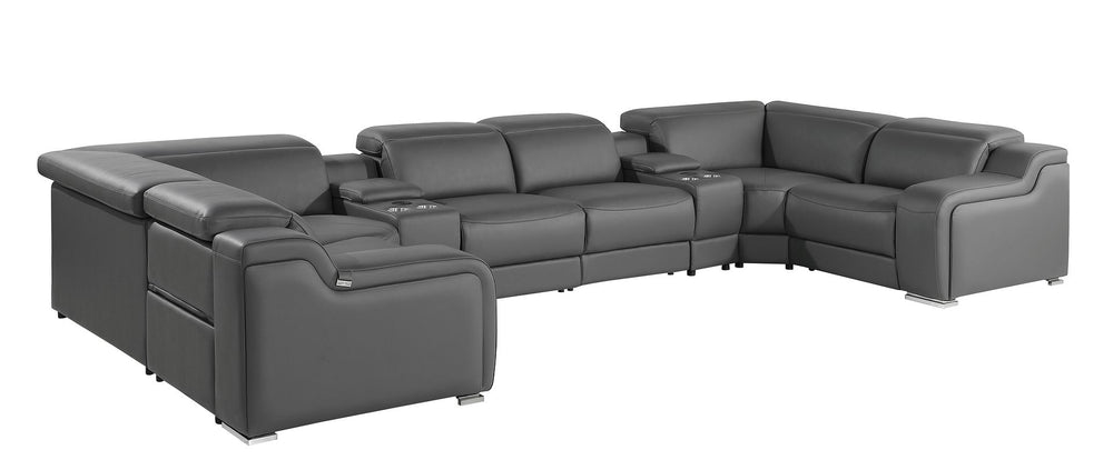 DivanItalia 1116 8-Piece U-Shaped Sectional Sofa in Top Grain Italian Leather with 2 Power Recliners & Power Headrests – with Console - Dark Gray