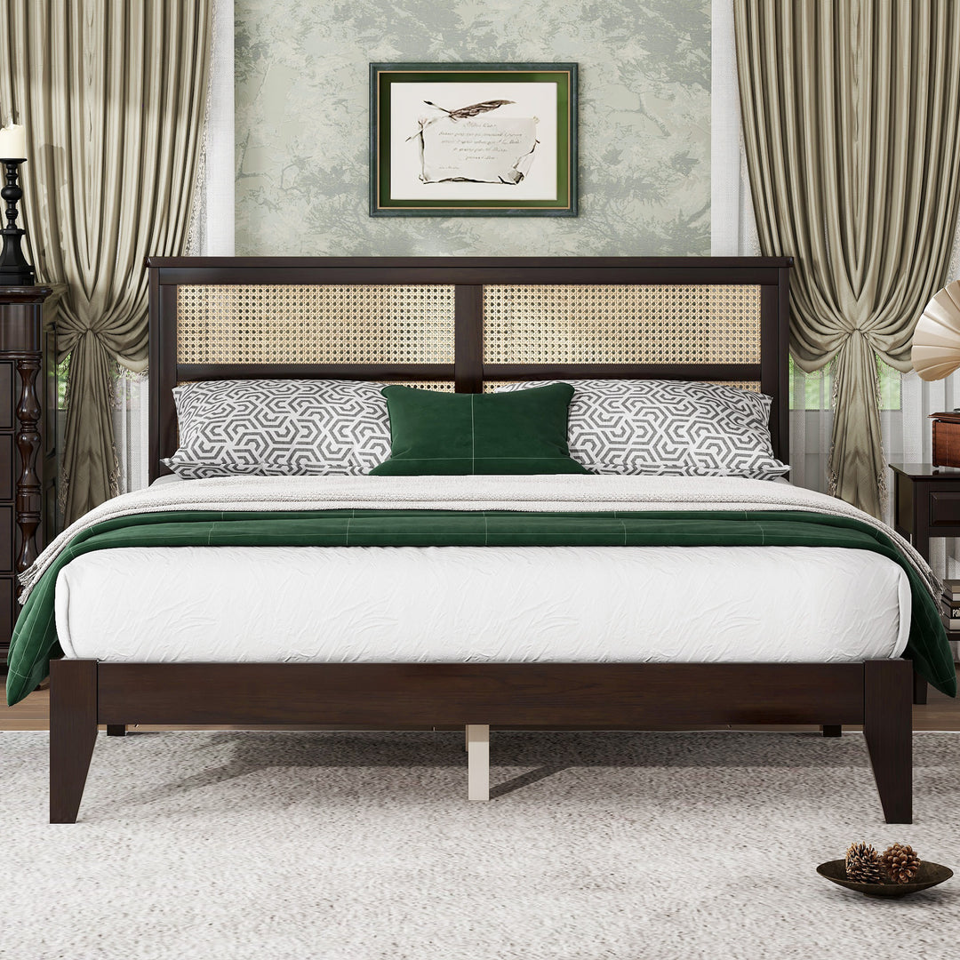 Queen Size Rubber Wooden, Solid Wooden Bed with Rattan Headboard, Enhanced by Support Feet