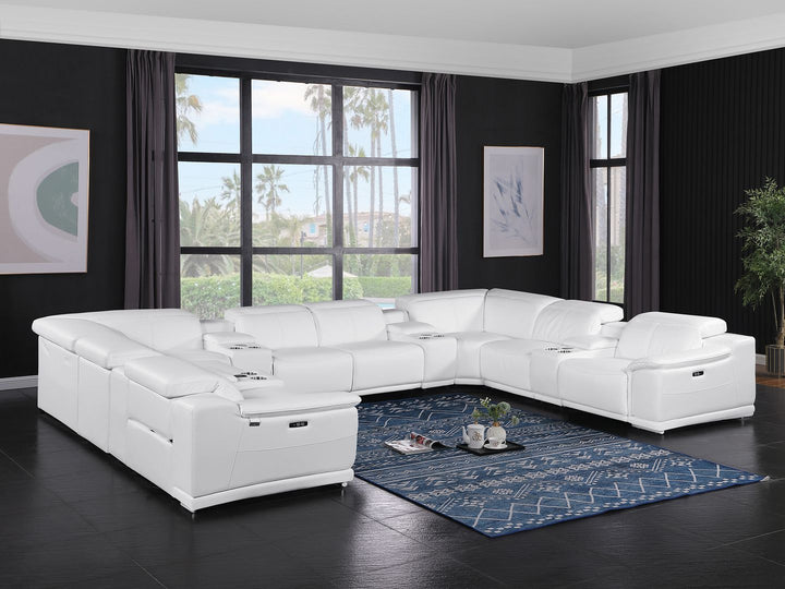 DivanItalia 9762 12-Piece U Shaped Top Grain Italian Leather Sectional Sofa with 4 Power Recliners - White