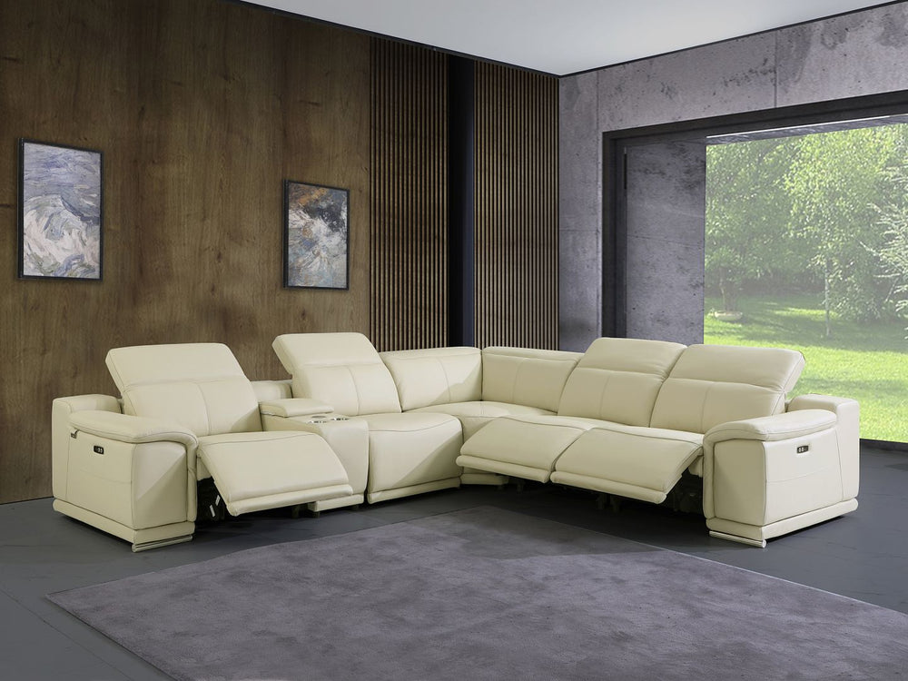 DivanItalia 9762 6-Piece L Shaped Top Grain Italian Leather Sectional Sofa with 3 Power Recliners - Beige