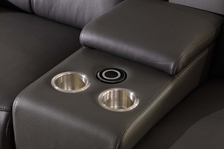 DivanItalia 9762 6-Piece L Shaped Top Grain Italian Leather Sectional Sofa with 3 Power Recliners - Dark Gray