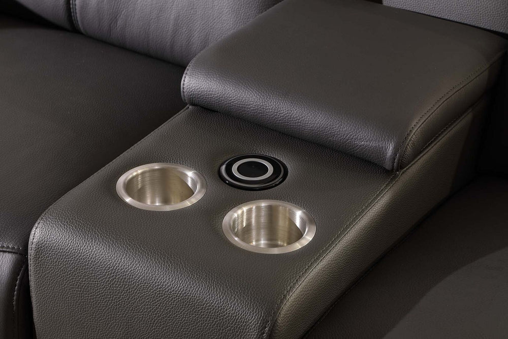 DivanItalia 9762 6-Piece L Shaped Top Grain Italian Leather Sectional Sofa with 3 Power Recliners - Dark Gray