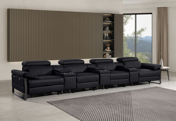 DivanItalia 1246 Modular Power Triple Reclining Triple Console Sofa with Power Reclining Headrests – Top Grain Italian Leather - Black