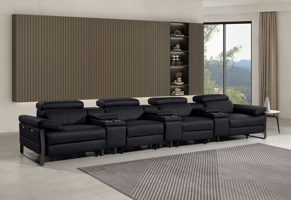 DivanItalia 1246 Modular Power Triple Reclining Triple Console Sofa with Power Reclining Headrests – Top Grain Italian Leather - Black