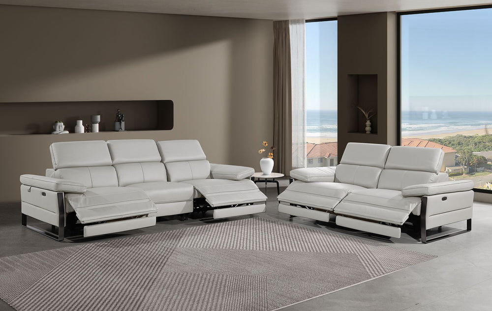 DivanItalia 1246 Modular Power Dual Reclining Sofa and Loveseat Set with Power Headrests – Top Grain Italian Leather - Light Gray