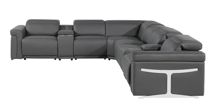 DivanItalia 1126 8-Piece L-Shaped Sectional Sofa in Top Grain Italian Leather with 4 Power Recliners &amp; Power Headrests - Dark Gray
