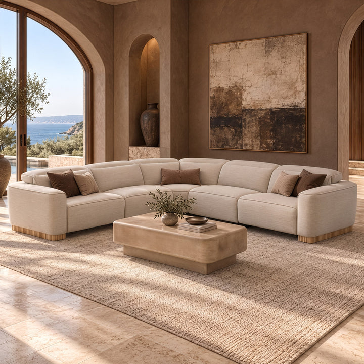 Aris - Modern Beige Fabric Sectional Sofa with 3 Power Recliners &amp; Headrests