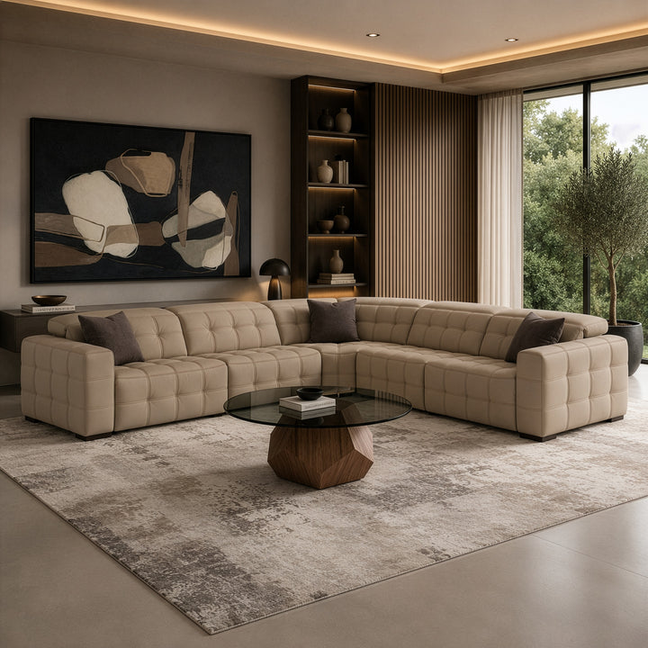 Carney - Modern Beige Leather Sectional Sofa + 3 Recliners