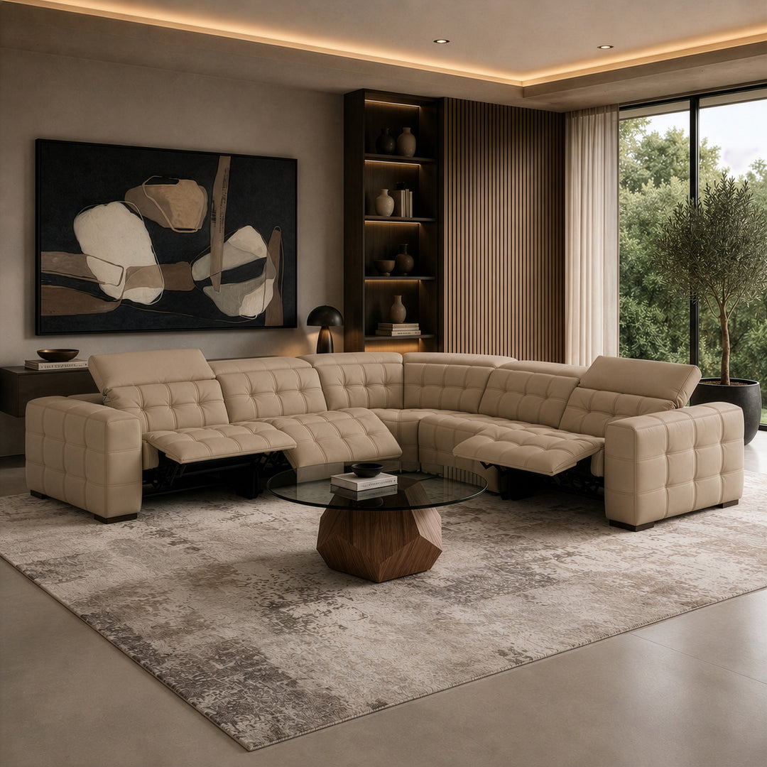 Carney - Modern Beige Leather Sectional Sofa + 3 Recliners