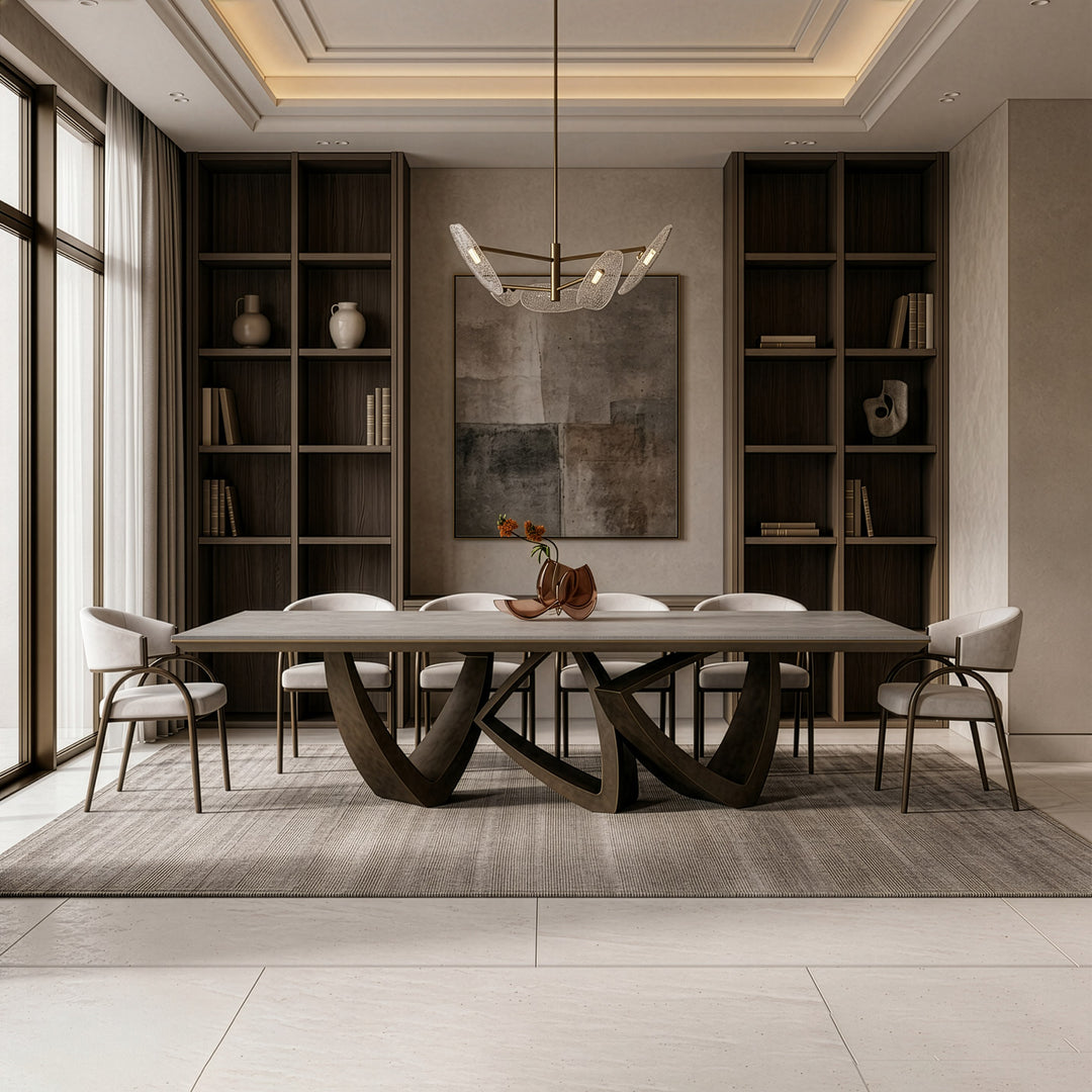 Dollemore - Modern Faux Travertine Ceramic + Antique Brass Dining Table