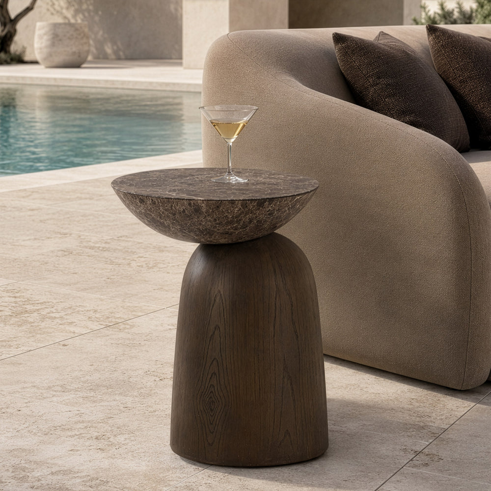 Lenin - Modern Faux Marble + Wood Texture Concrete End Table