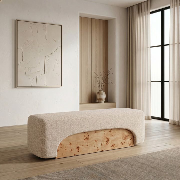 Mayfair - Contemporary Beige Fabric + Burl Bench Ottoman