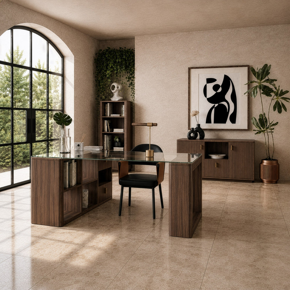 Roma - Modern Glass + Walnut Reversible Desk