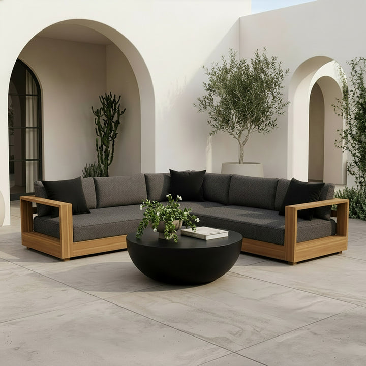Santorini - Outdoor Grey Olefin Fabric + Natural Teak Sectional Sofa