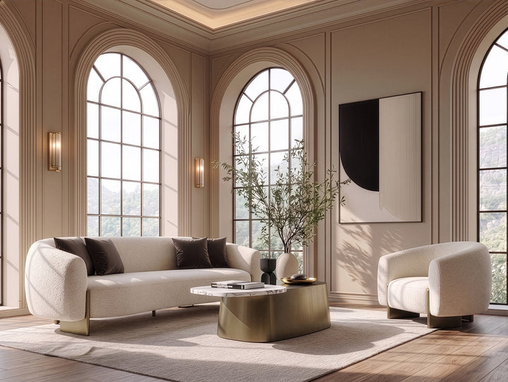 Thrive - Modern Beige Fabric + Antique Brass Sofa