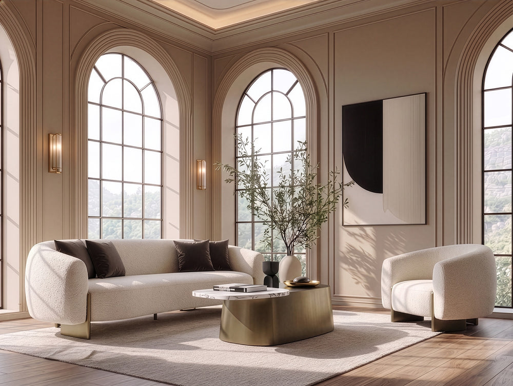 Thrive - Modern Beige Fabric + Antique Brass Sofa - View 6