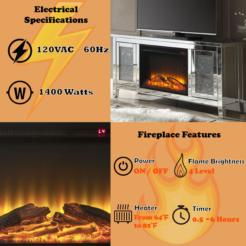 Noralie - 59" X 16" TV Stand With Fireplace - Mirrored & Faux Diamonds