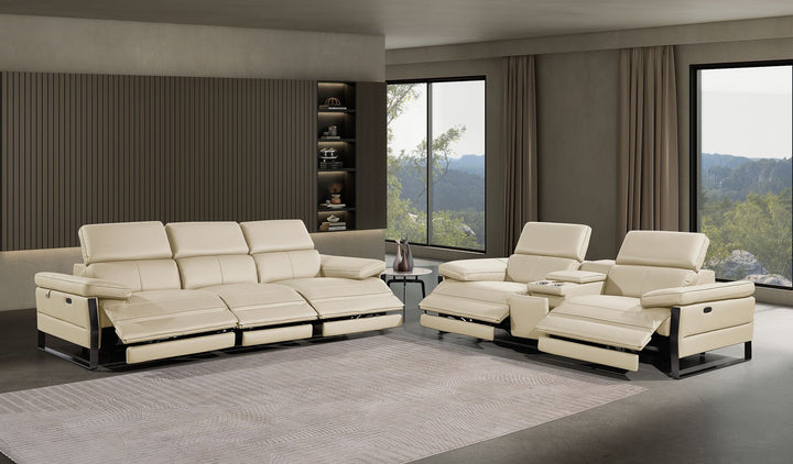 DivanItalia 1246 Modular Power Triple Reclining Sofa and Console Loveseat Set with Power Headrests – Top Grain Italian Leather - Beige