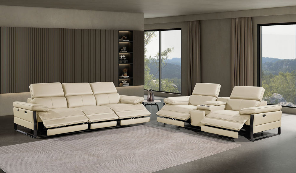 DivanItalia 1246 Modular Power Triple Reclining Sofa and Console Loveseat Set with Power Headrests – Top Grain Italian Leather - Beige