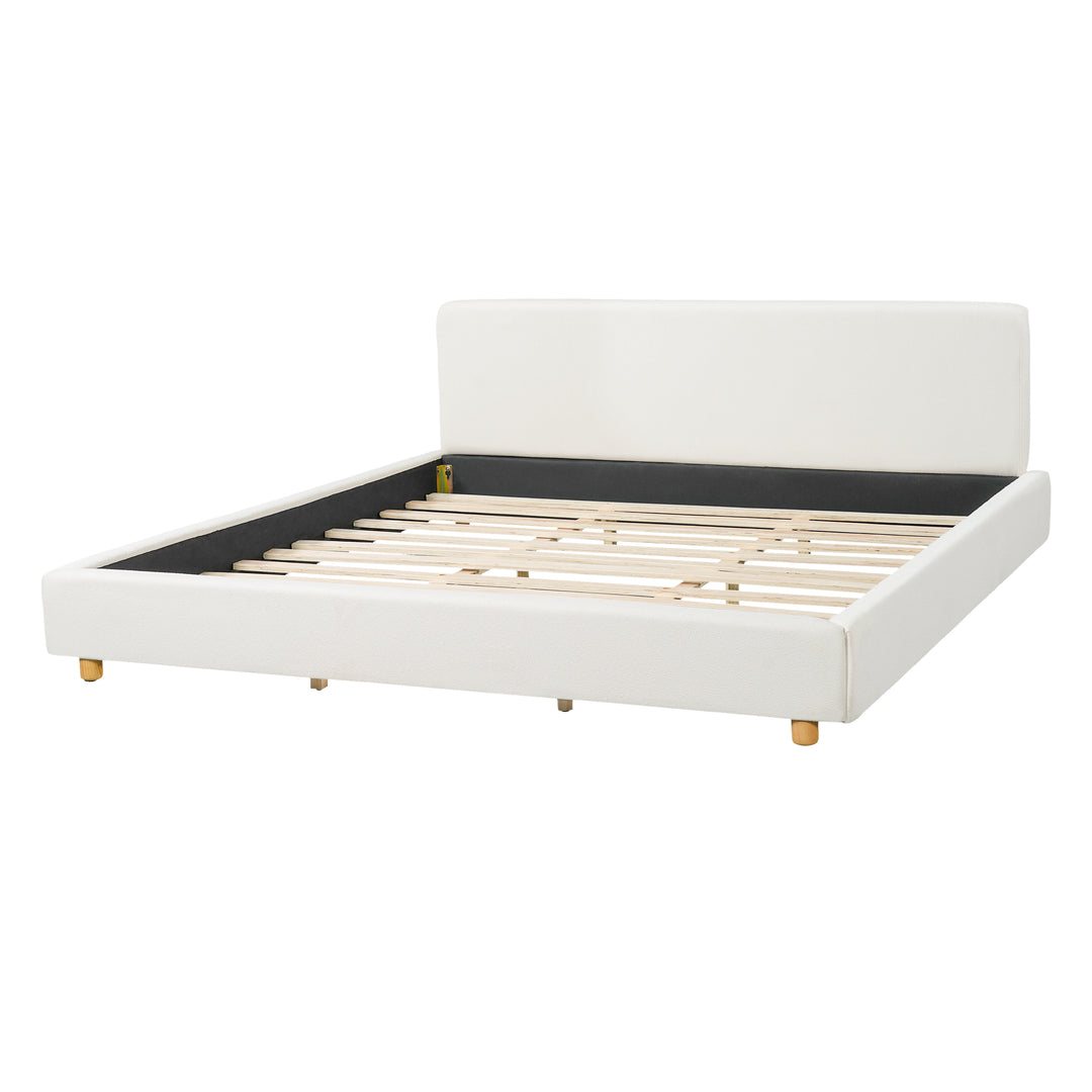 Boucle King Platform Bed with Thick Headboard – White