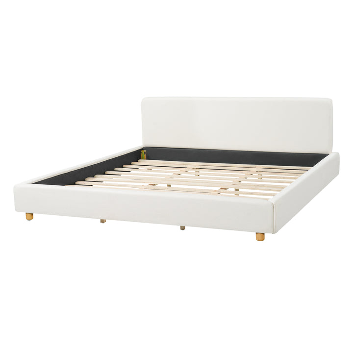 Boucle King Platform Bed with Thick Headboard – White