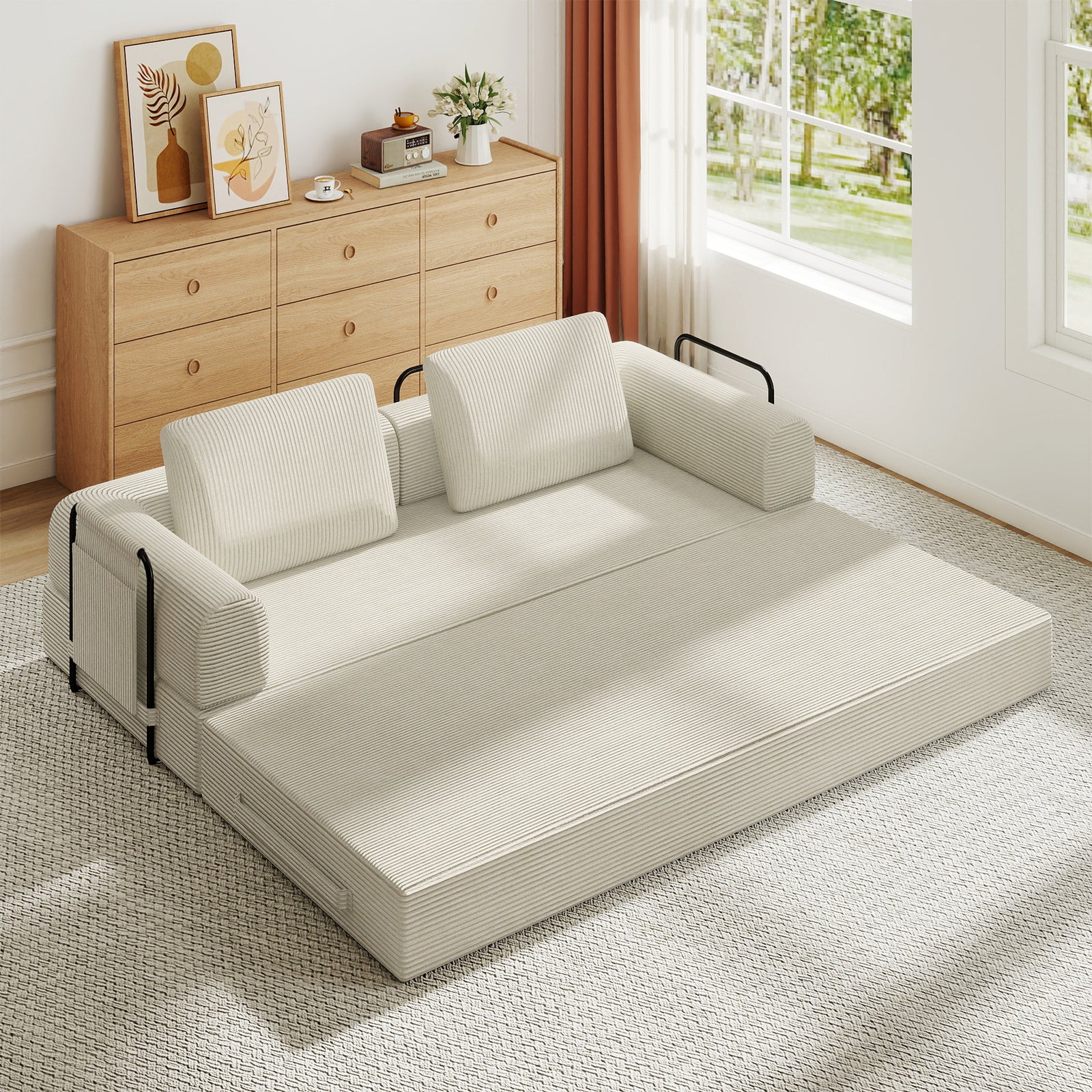corduroy-convertible-sleeper-sofa-bed-with-pillow-beige