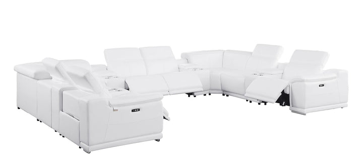 DivanItalia 9762 12-Piece U Shaped Top Grain Italian Leather Sectional Sofa with 4 Power Recliners - White