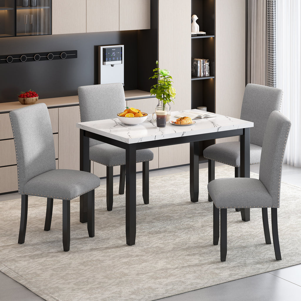 5-Piece Modern Marble  Dining Table Set with Upholstered Chairs