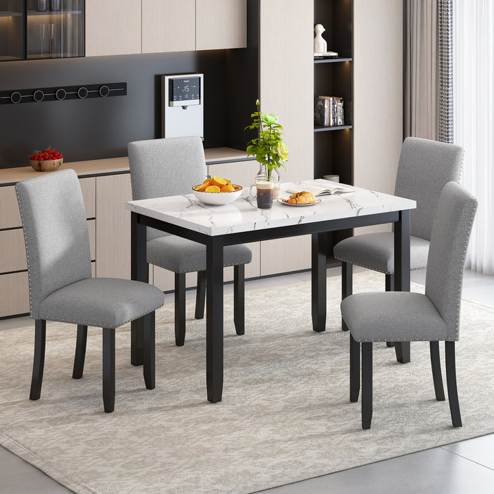 5-Piece Modern Marble  Dining Table Set with Upholstered Chairs