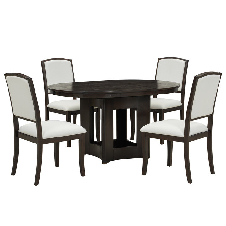 farmhouse-extendable-round-dining-table-set-for-5-with-upholstered-chairs-and-16inch-removable-leaf-espresso-beige