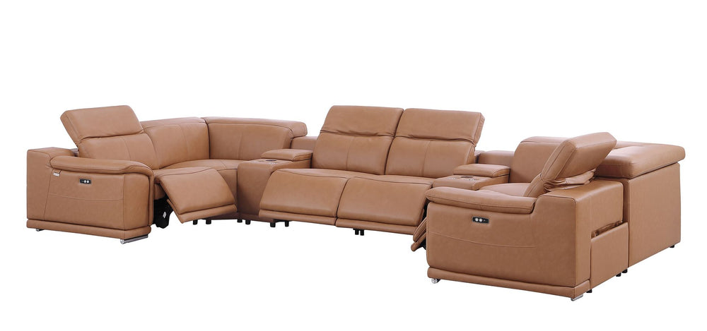 DivanItalia 9762 8-Piece U Shaped Top Grain Italian Leather Sectional Sofa with 4 Power Recliners – with Console - Cognac
