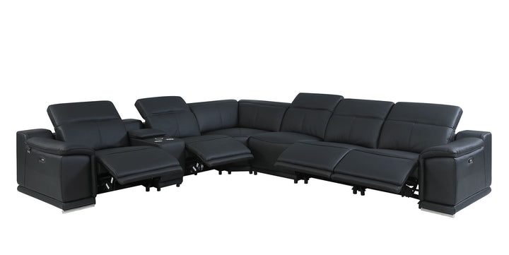 DivanItalia 9762 7-Piece L Shaped Top Grain Italian Leather Sectional Sofa with 4 Power Recliners - Black