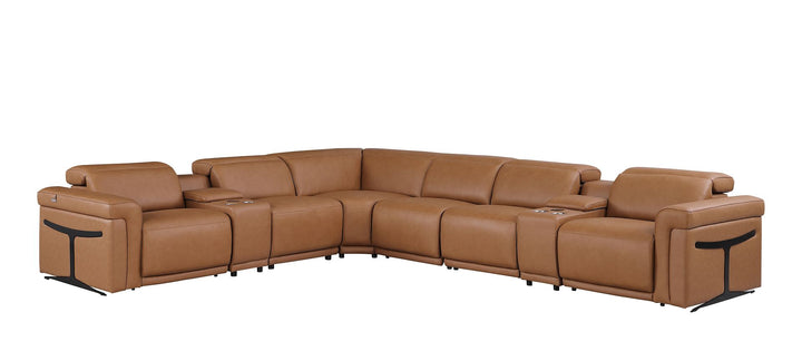 DivanItalia 1126 8-Piece L-Shaped Sectional Sofa in Top Grain Italian Leather with 4 Power Recliners &amp; Power Headrests - Cognac